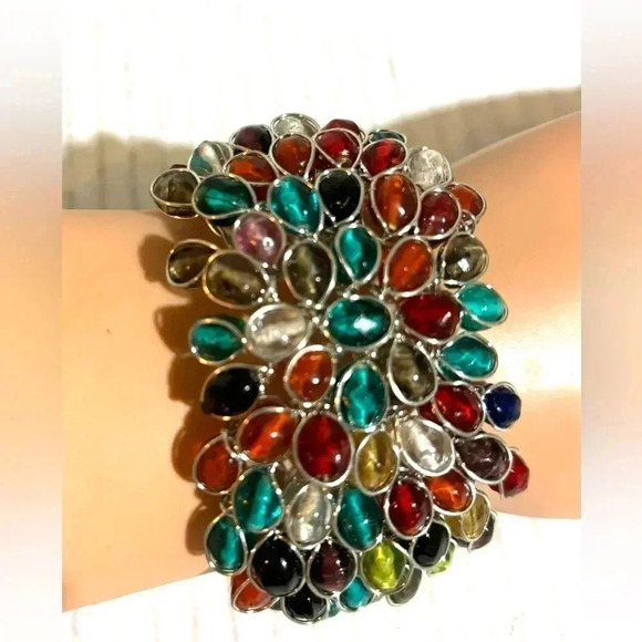 Hand Crafted Jewelry - Handcuffed wire wrapped multi colored crystal beads bracelet adjustable